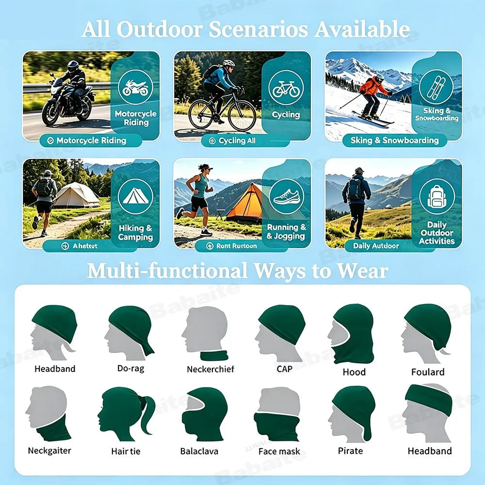A variety of green multifunctional neck gaiters and scarves shown on various head shapes.