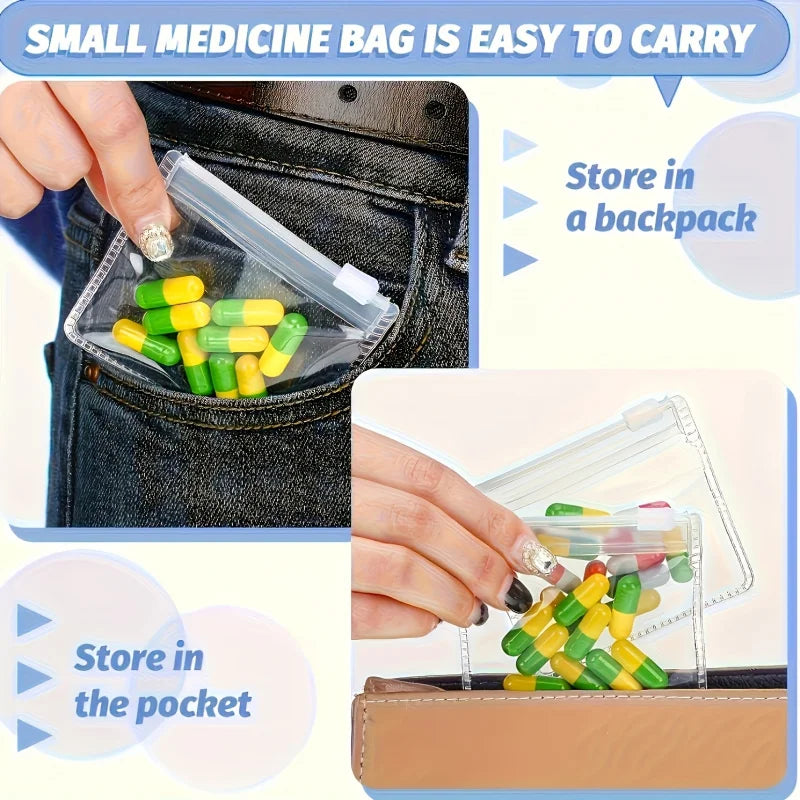 Hands show a small medicine bag placed in a jean pocket and inside a backpack.