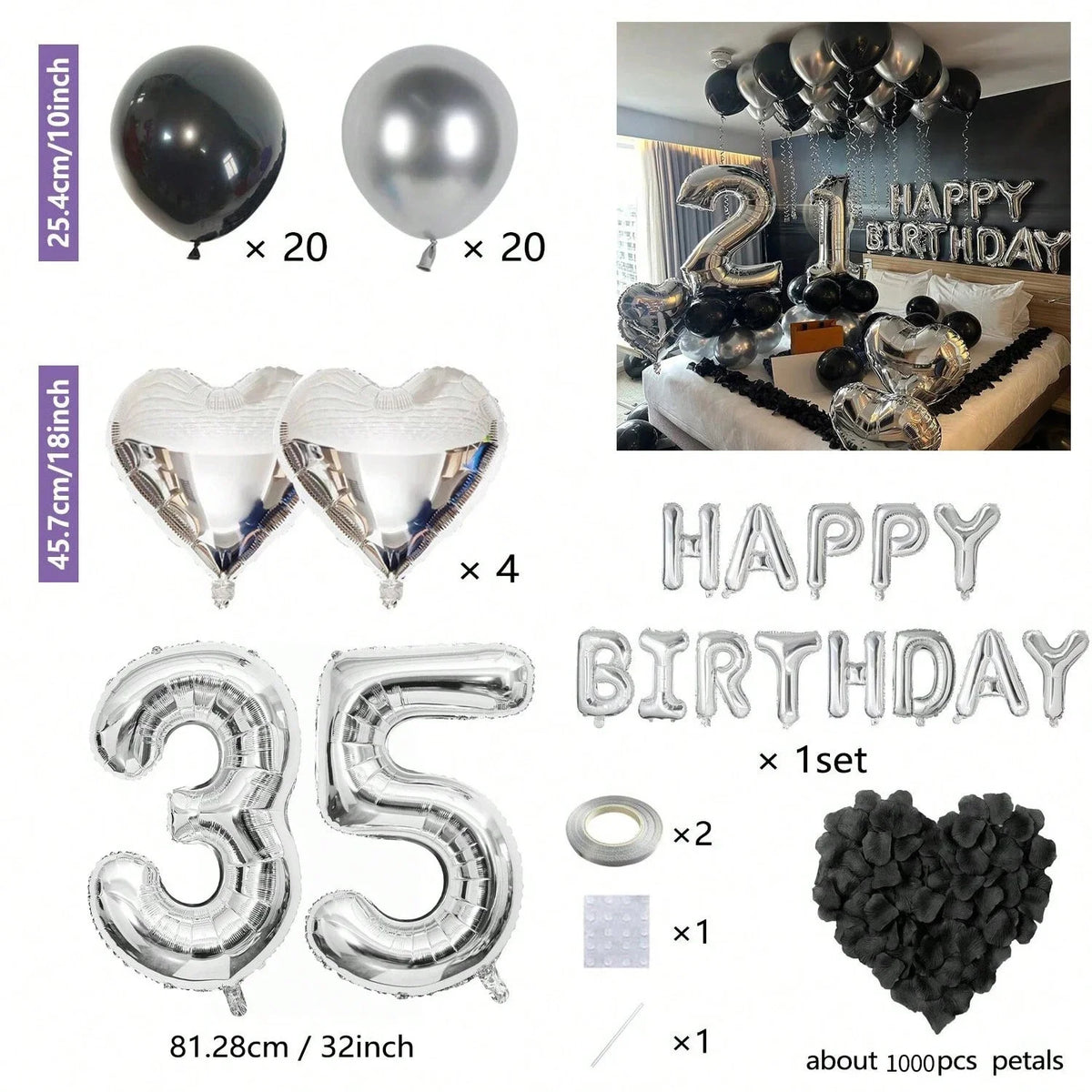 Bulk set of silver and black balloons including round, heart, and number balloons for parties