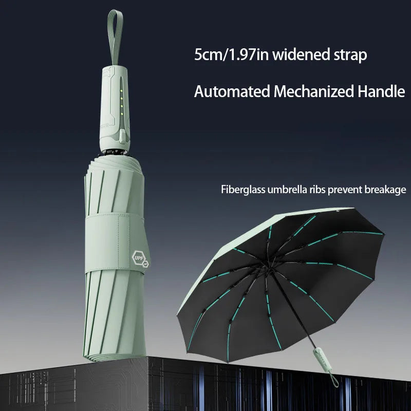 A light green heavy-duty windproof sun umbrella with an automated mechanized handle and fiberglass ribs.