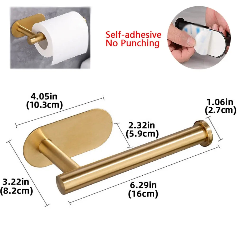A brass-colored stainless steel paper towel holder with a white roll, showing dimensions and self-adhesive features.