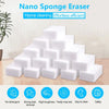 A stack of white melamine foam cleaning sponges with various features listed below.