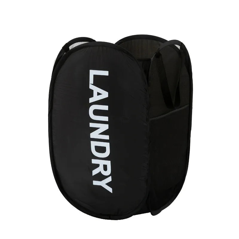 Black foldable laundry basket with the word LAUNDRY printed on the side.