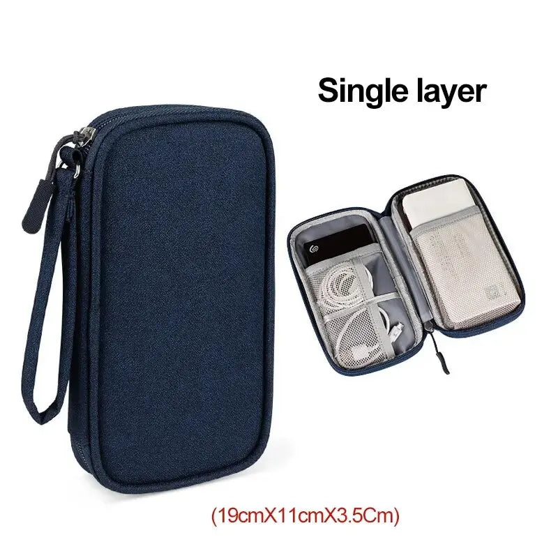 A dark blue single layer storage pouch with a zipper and strap, shown next to its opened interior.