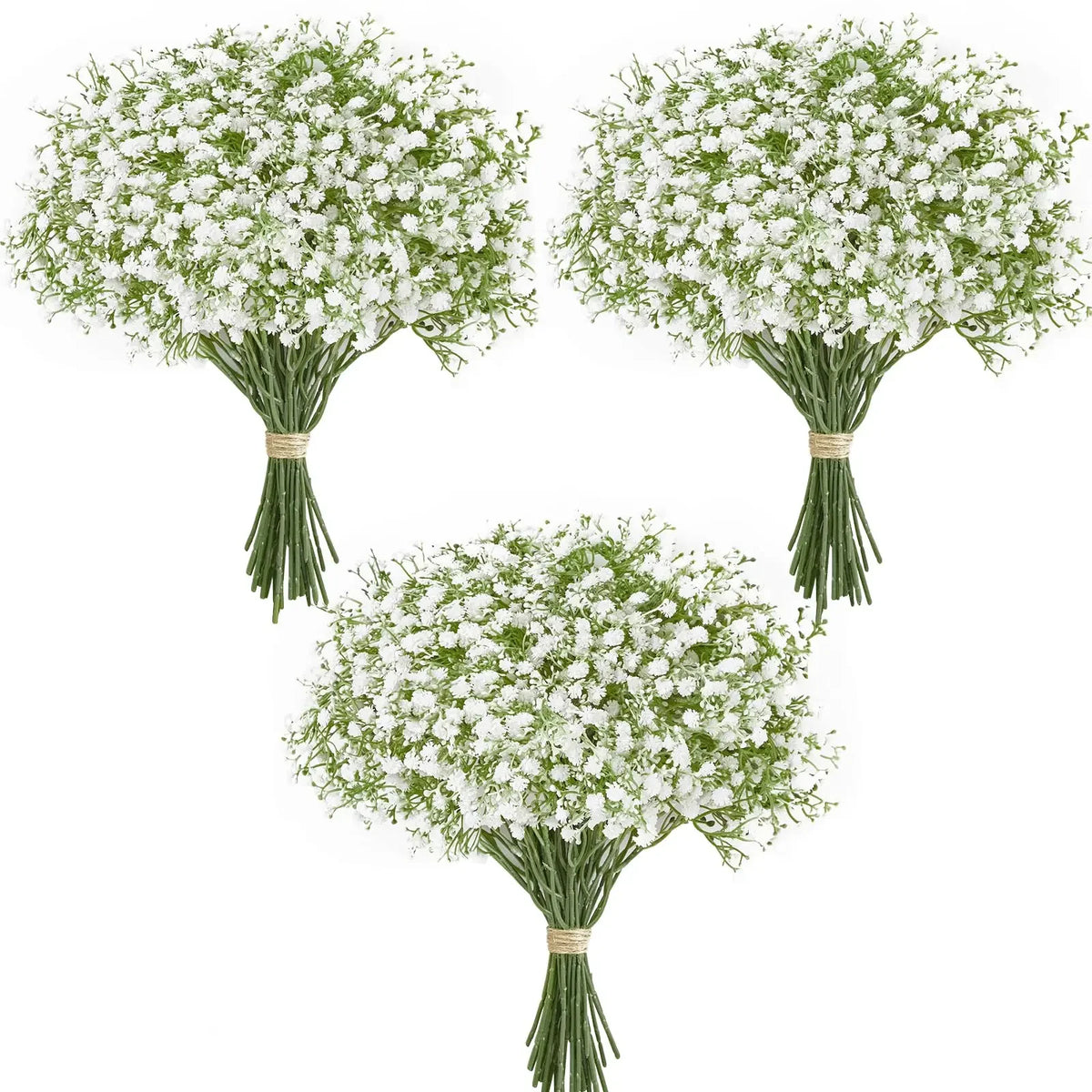 Three bouquets of artificial baby's breath flowers with green stems tied with twine.