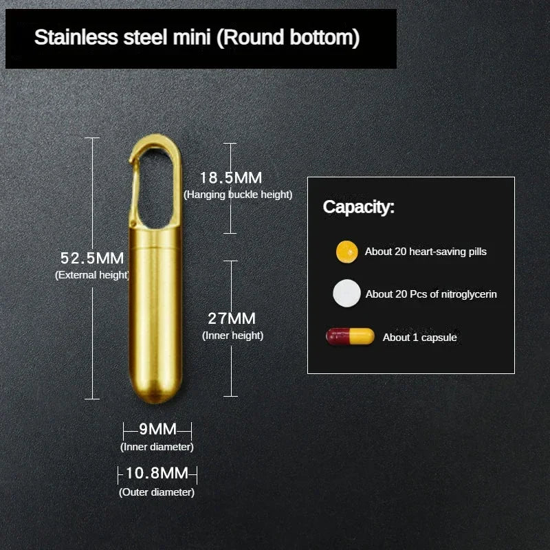 Stainless steel mini pill box with a round bottom and hanging buckle, showing internal dimensions.