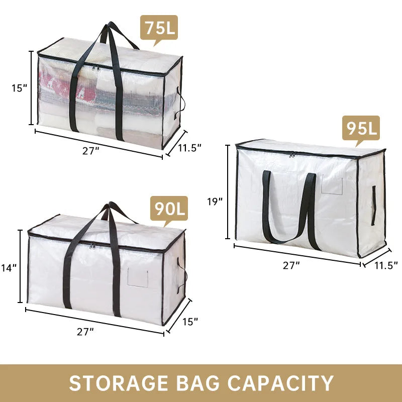 Stauraumtaschen mit Kapazitäten von 75L und 90L, die ihre Abmessungen zeigen.