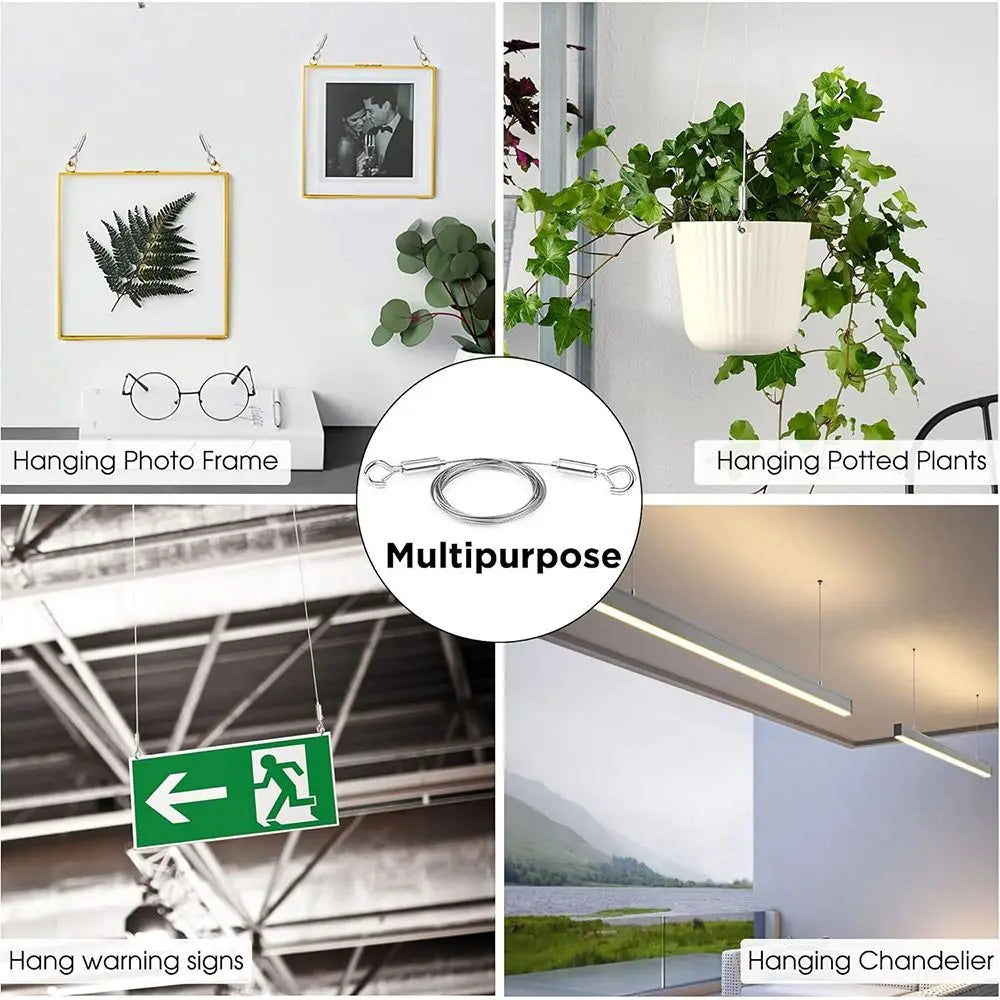 A collection of various hanging items including a photo frame, potted plants, warning signs, and a chandelier.