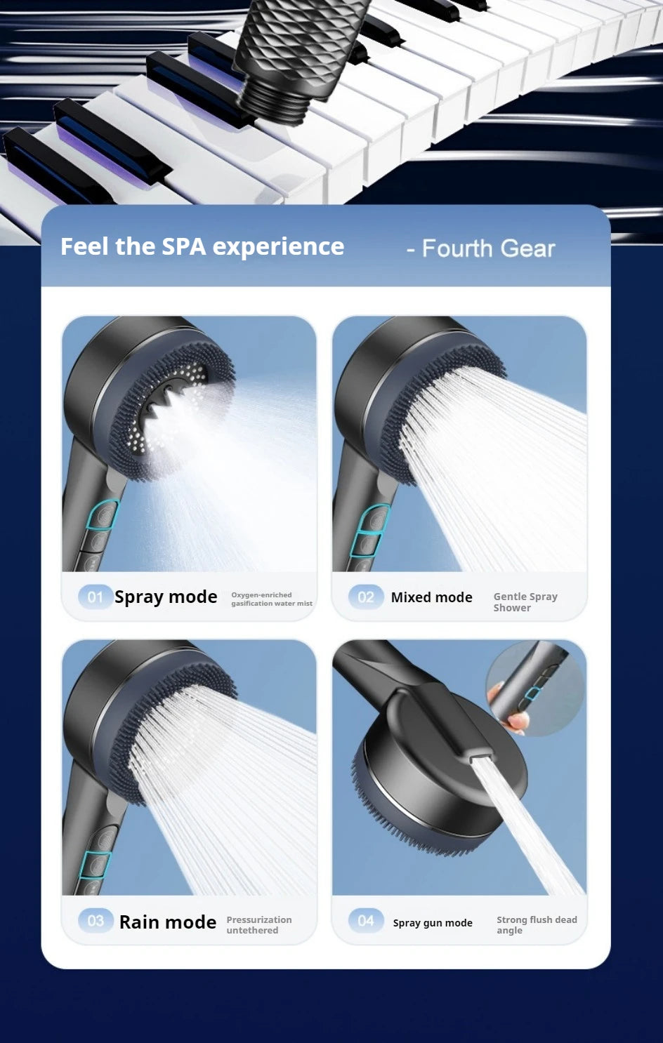 A set of four high pressure shower heads demonstrating spray modes including Spray, Mixed, Rain, and Spray gun.