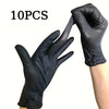 Un par de guantes desechables de nitrilo negros en una mano, con el texto 10 unidades visible.