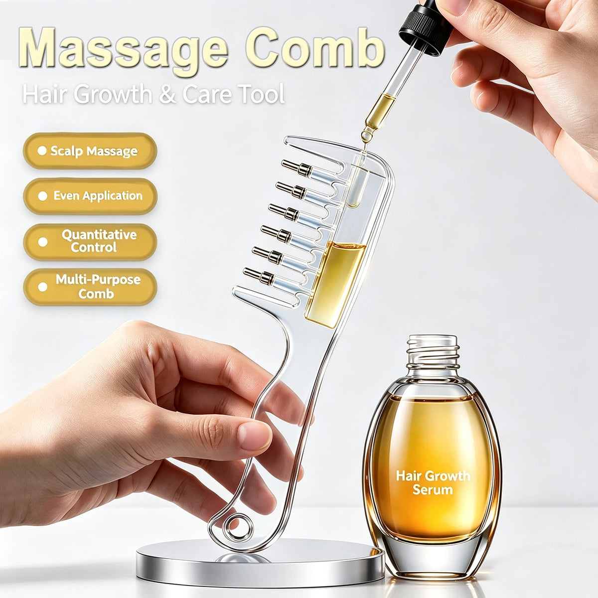 A hand holds a clear liquid applicator comb with multiple needles, next to a glass bottle of hair growth serum.