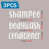 Three refillable pump bottles for shampoo, body wash, and conditioner.