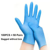 A hand wearing blue nitrile disposable safety gloves, packaged as 100 pieces or 50 pairs.
