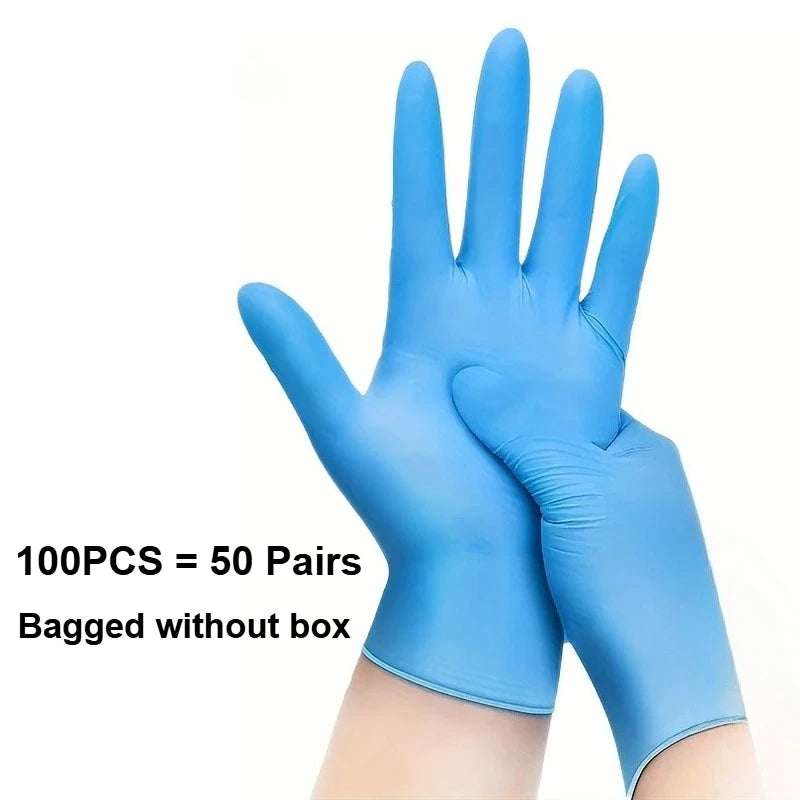A hand wearing blue nitrile disposable safety gloves, packaged as 100 pieces or 50 pairs.
