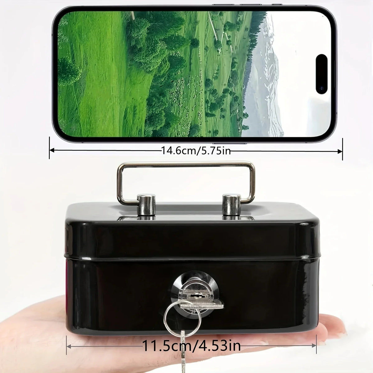 Schwarze abschließbare Metall-Tresorbox mit sichtbarem Smartphone-Bild auf der Oberseite.