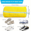Yellow mesh shoe washing bag with blue trim shown next to various types of shoes.