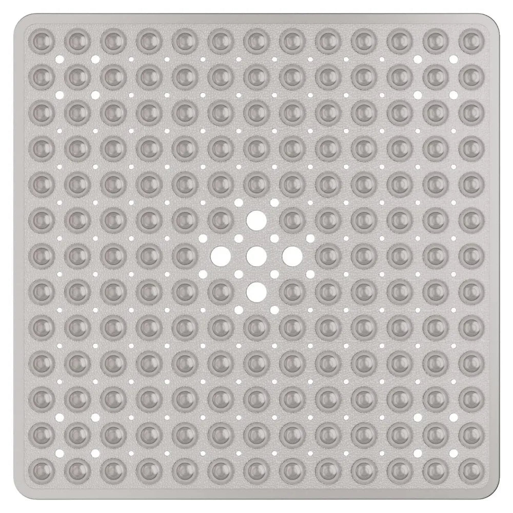 A gray non-slip shower mat with numerous suction cups for bathroom use.