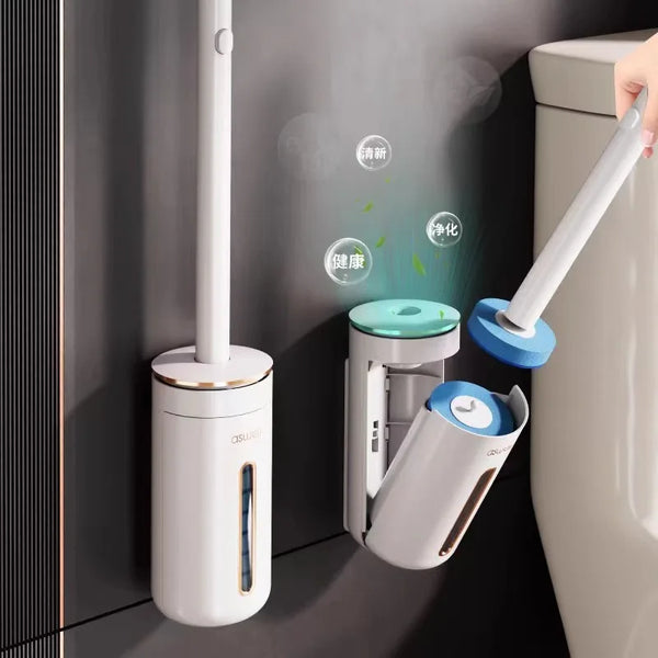 A wall-mounted toilet brush cleaning kit with a white handle and blue base is shown mounted on a gray wall.