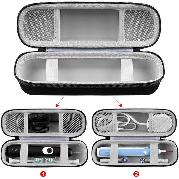 An open universal EVA travel case for an electric toothbrush showing the brush and accessories inside.