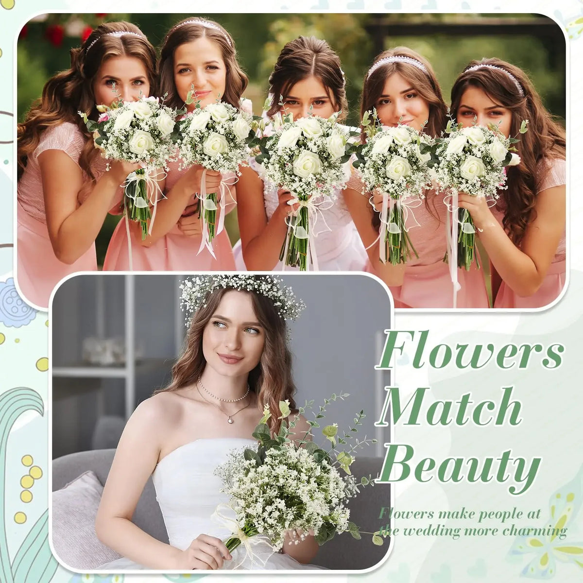 Five women holding bouquets of white flowers, with one woman in a white dress holding a large bouquet.