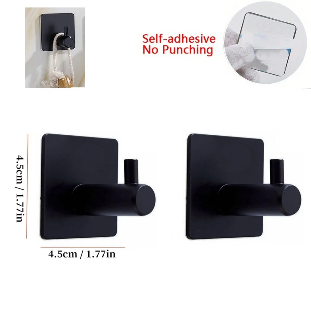 Estante de toallas autoadhesivo negro con soporte cilíndrico para el baño