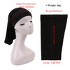 Black spandex dreadlock tube cap shown on a mannequin with measurements for head circumference and tube size.