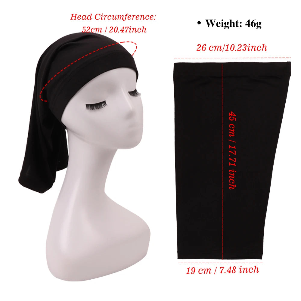 Black spandex dreadlock tube cap shown on a mannequin with measurements for head circumference and tube size.