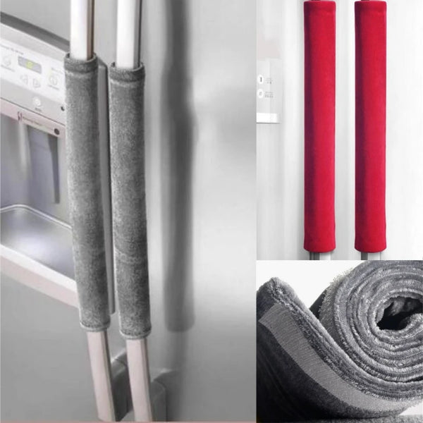 A set of two gray refrigerator door handle covers, shown installed on the door and rolled up.