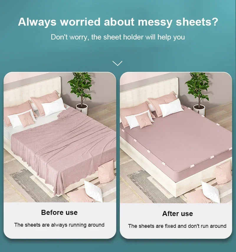 A before and after comparison showing messy sheets being fixed by a sheet holder device.