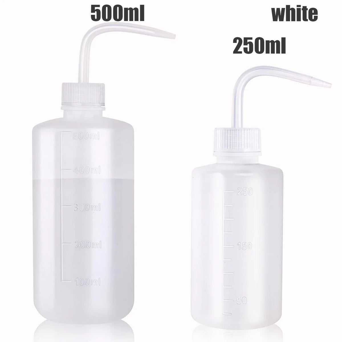 Two white squeeze bottles, 500ml and 250ml, with measurement lines.