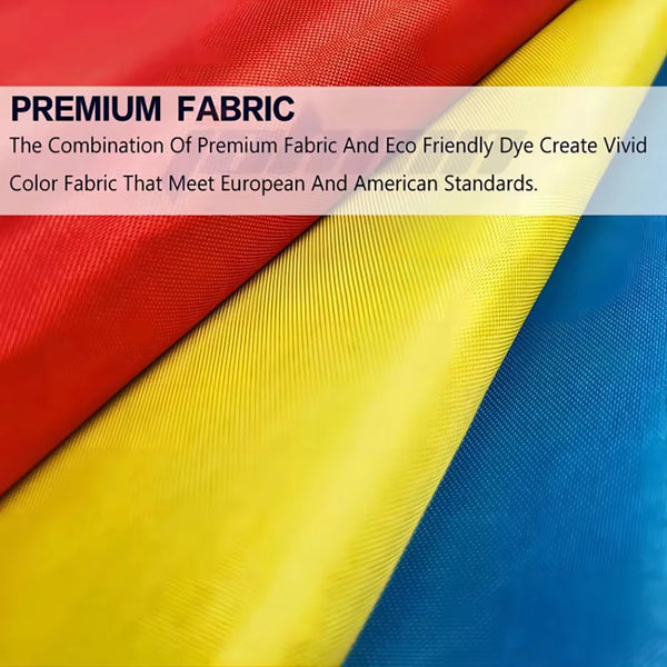 Close-up of three fabric swatches in red, yellow, and blue demonstrating vivid color quality.