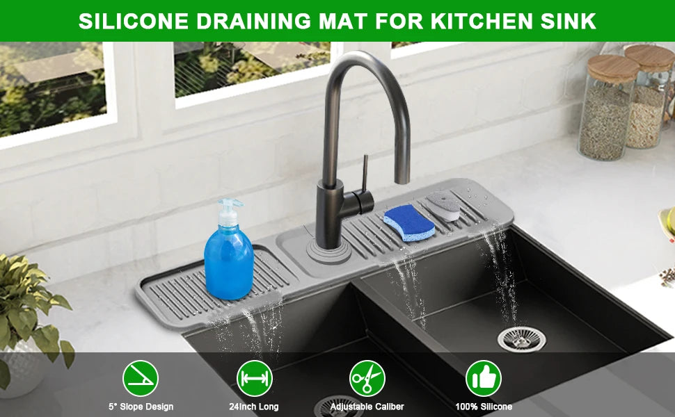 A silicone draining mat for a kitchen sink is shown installed under a faucet, demonstrating its 5" slope design, 24 inch leng