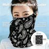 A woman models a black and white patterned multifunctional neck gaiter covering her face.
