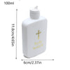 A white plastic bottle of holy water with a white cap and a gold cross design.