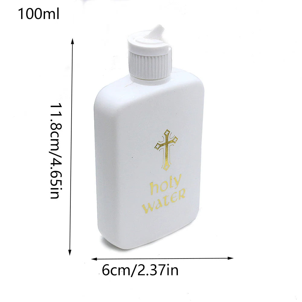 A white plastic bottle of holy water with a white cap and a gold cross design.