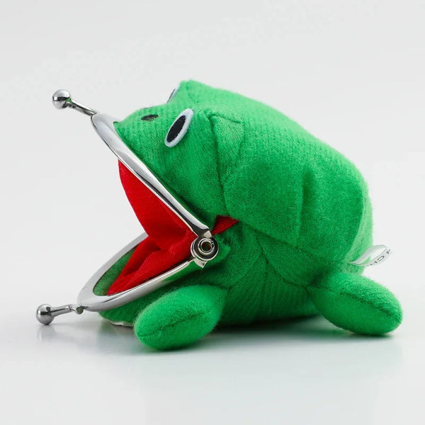A green frog plush toy designed as a wallet key chain with a silver clip.