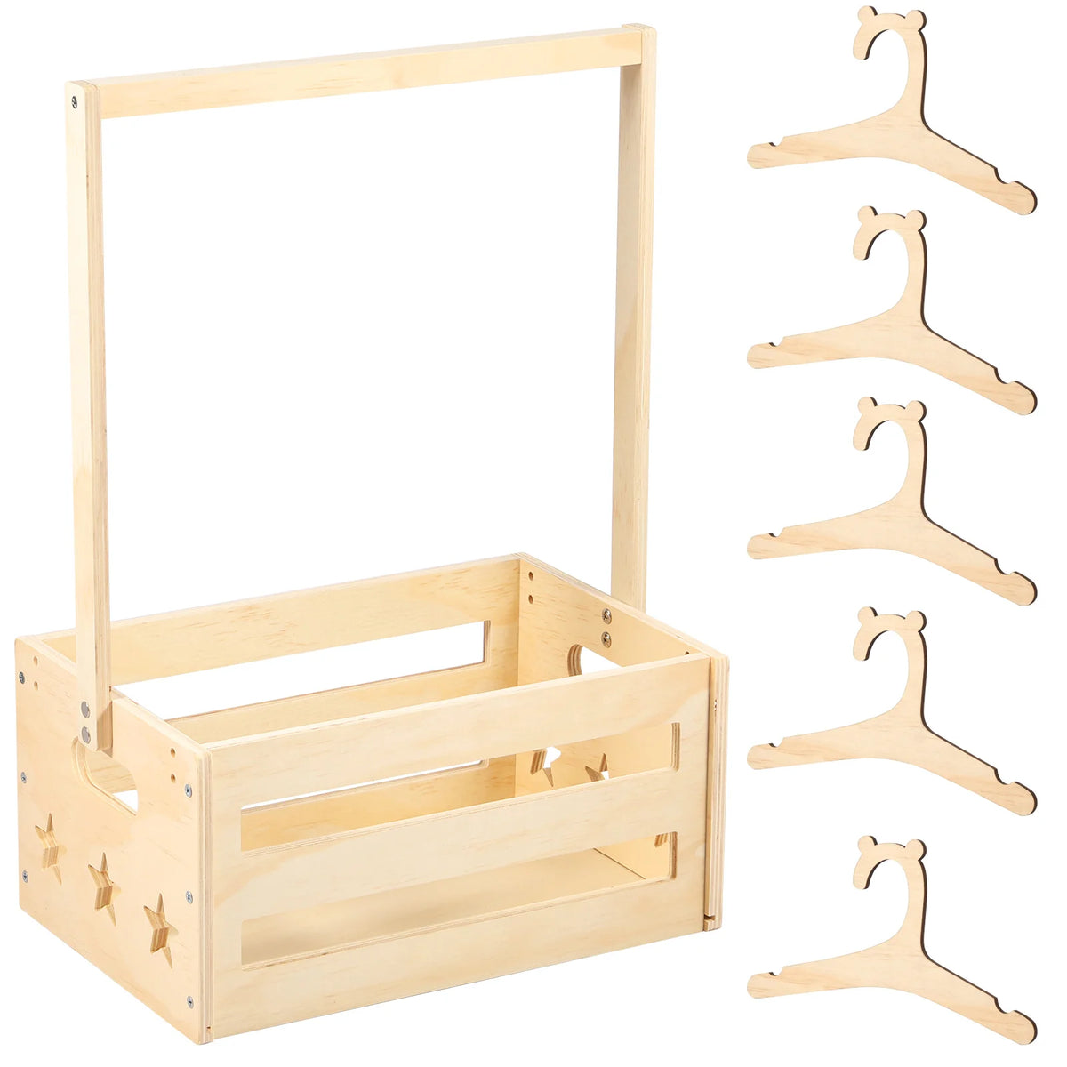 A light wood decorative storage basket with a handle and multiple wooden hooks.