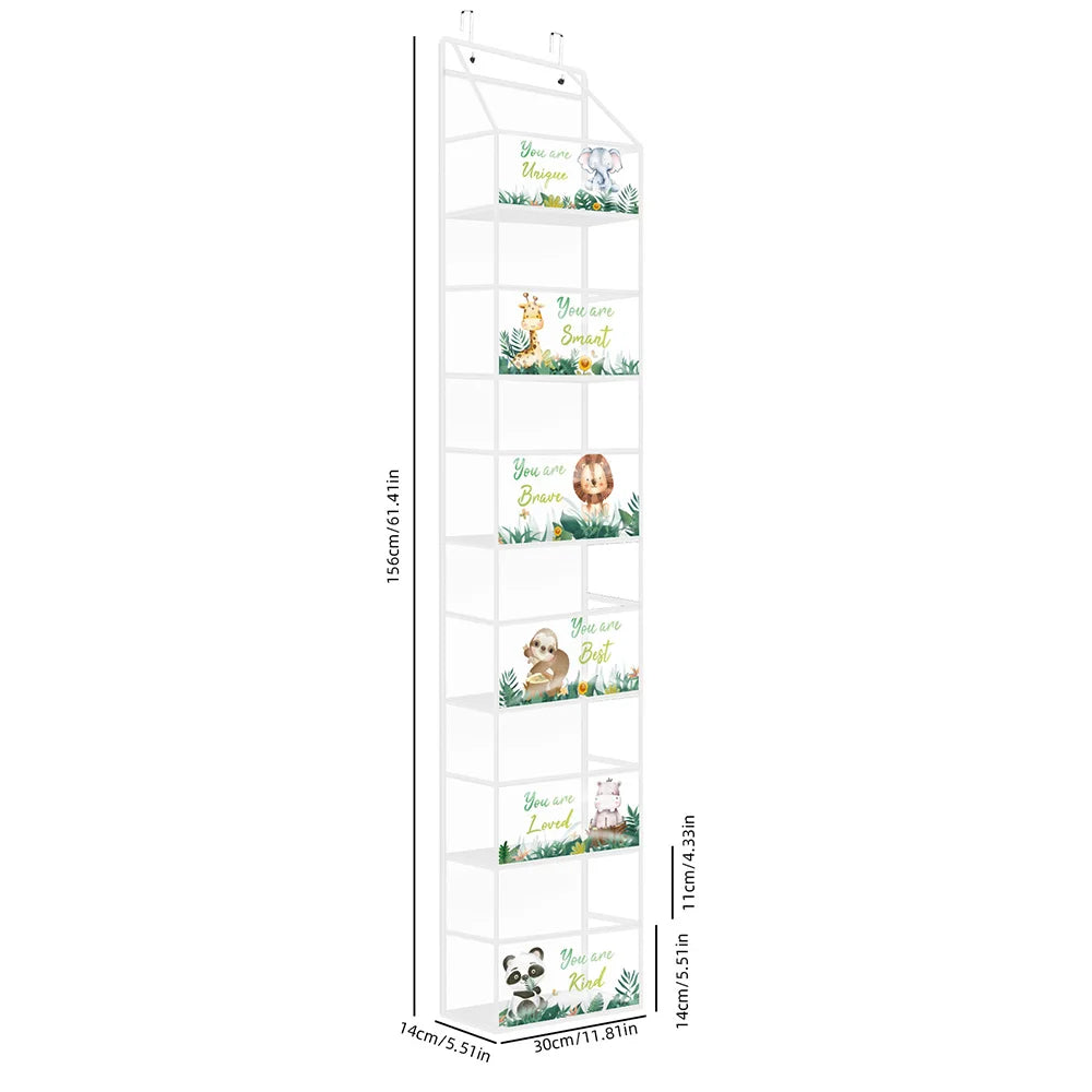 A tall white over-the-door fabric storage organizer with multiple pockets for organizing items.