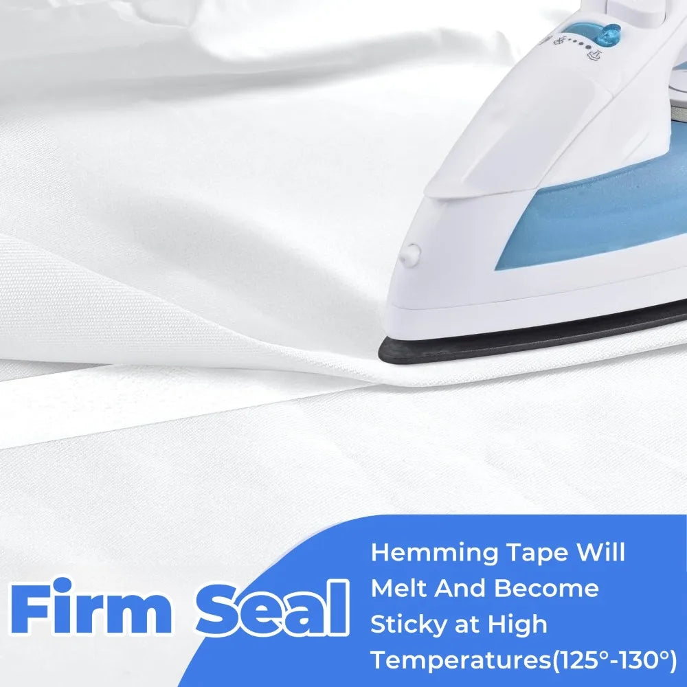 A white iron is shown near a white fabric, demonstrating how hemming tape melts and becomes sticky at high temperatures.