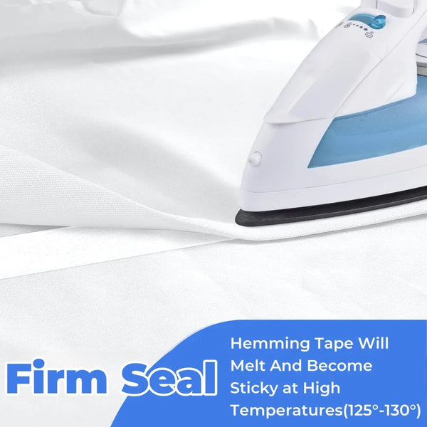 A white iron is shown near a white fabric, demonstrating how hemming tape melts and becomes sticky at high temperatures.