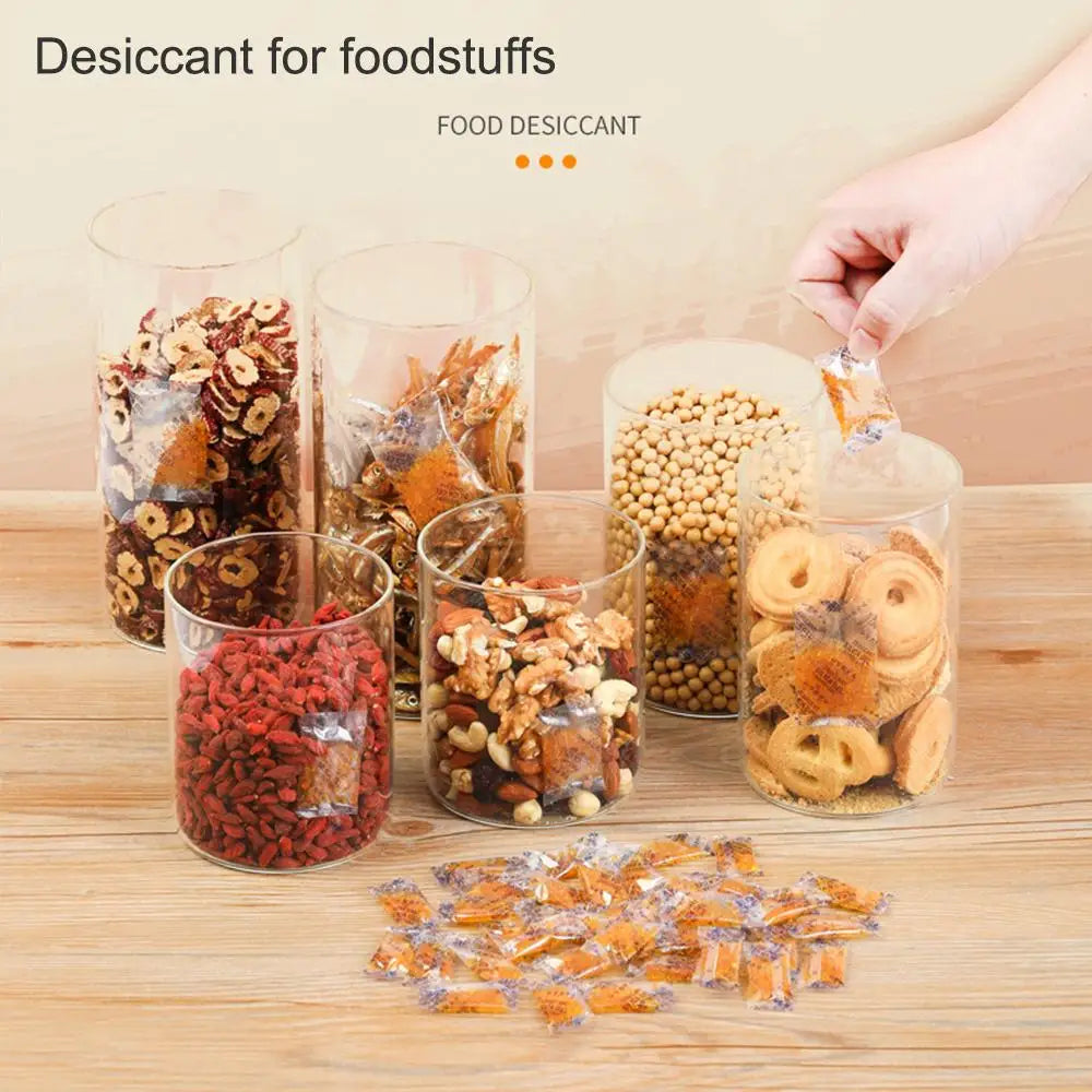 Various food desiccants in glass bags including dried fruit nuts and grains for moisture control