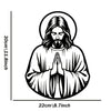 Black and white line art of Jesus with a halo and praying hands, suitable for wall decor.