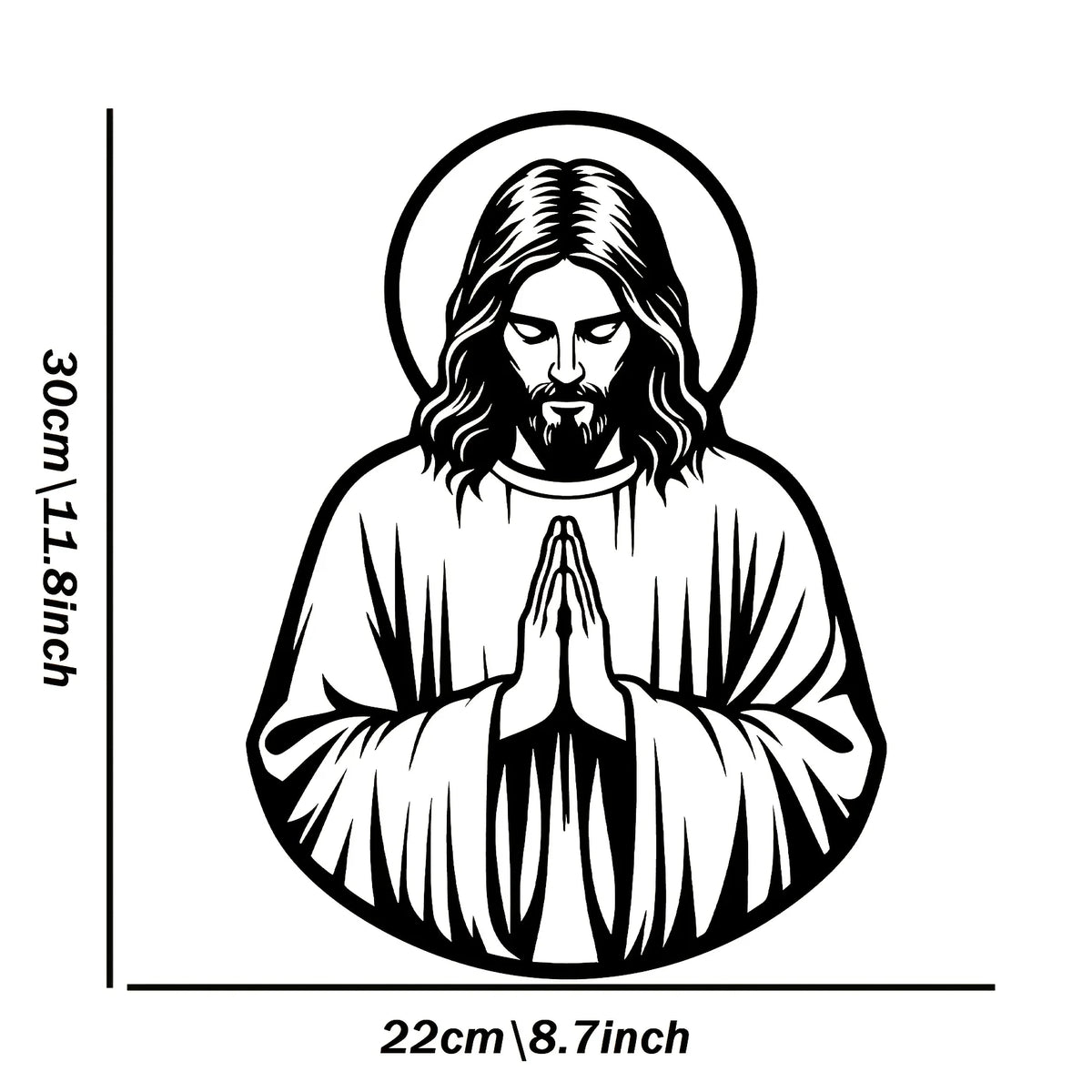 Black and white line art of Jesus with a halo and praying hands, suitable for wall decor.