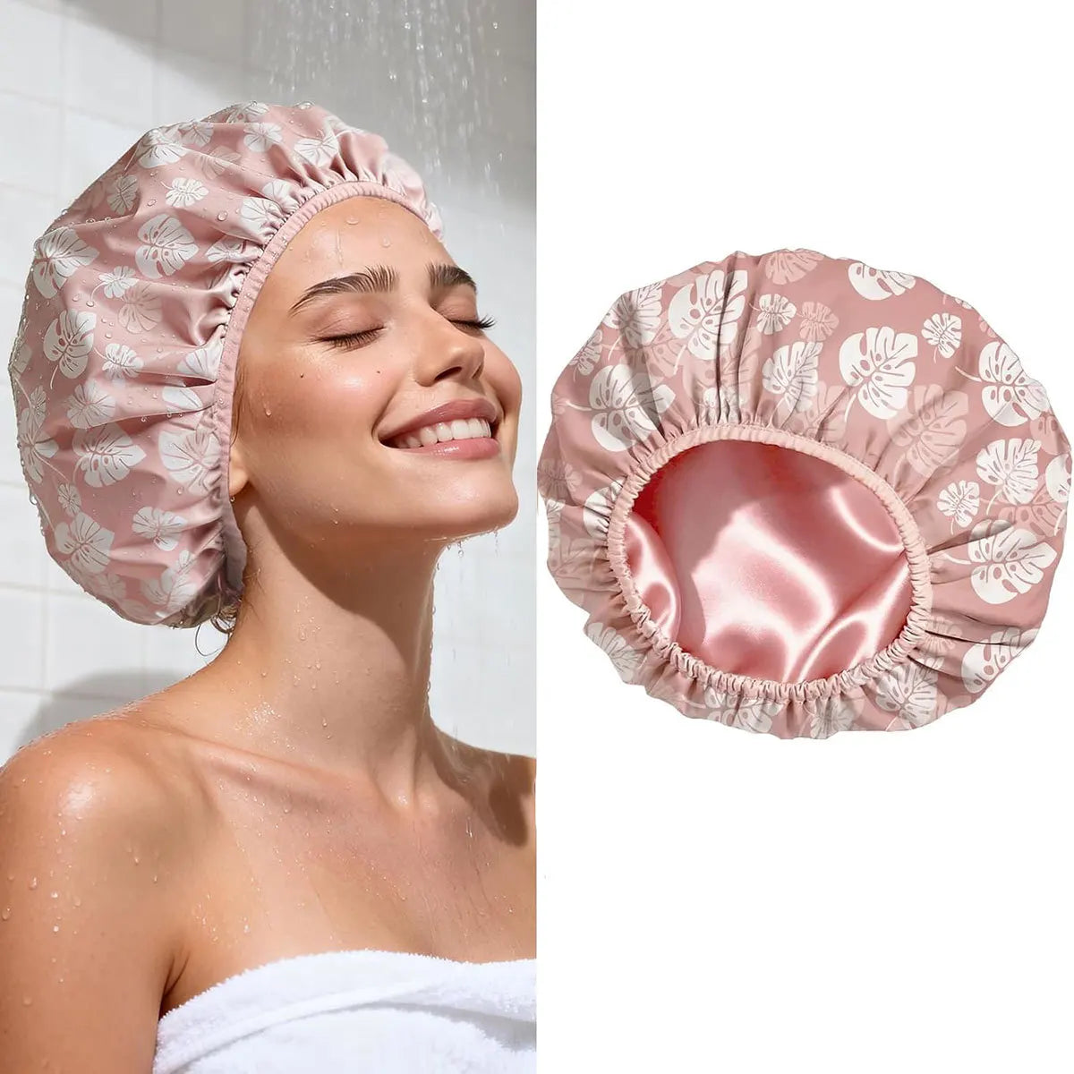 A pink floral patterned reusable satin lined shower cap being worn by a woman.