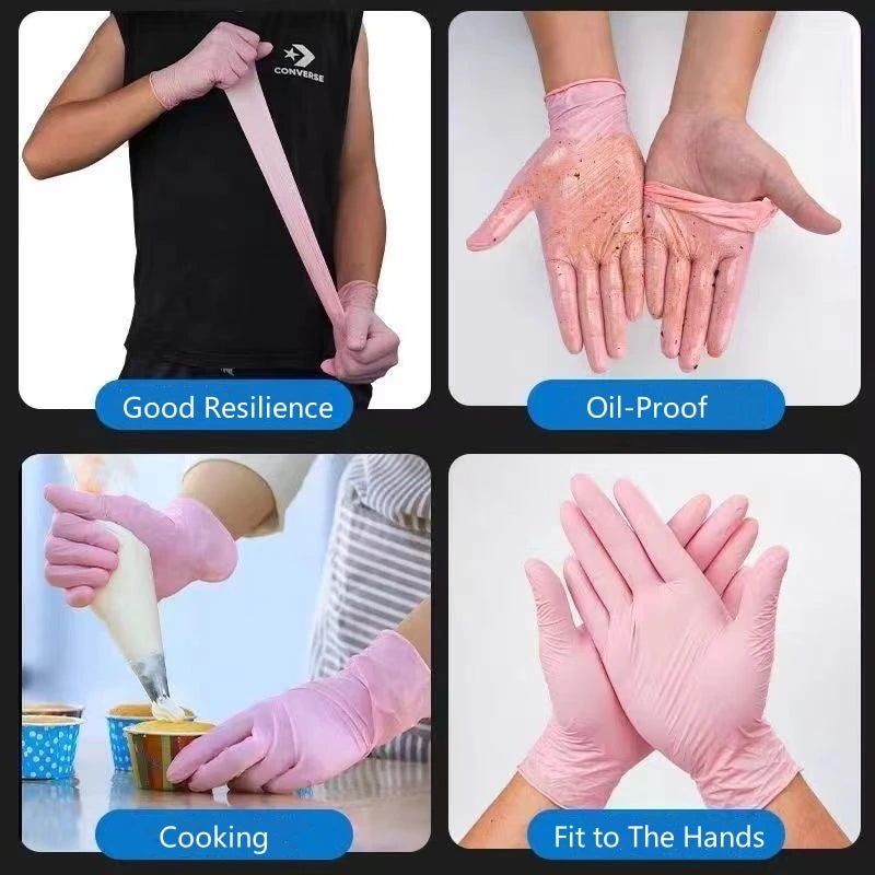 Pink disposable nitrile cleaning gloves shown in various uses including resilience, oil-proof protection, and suitability for