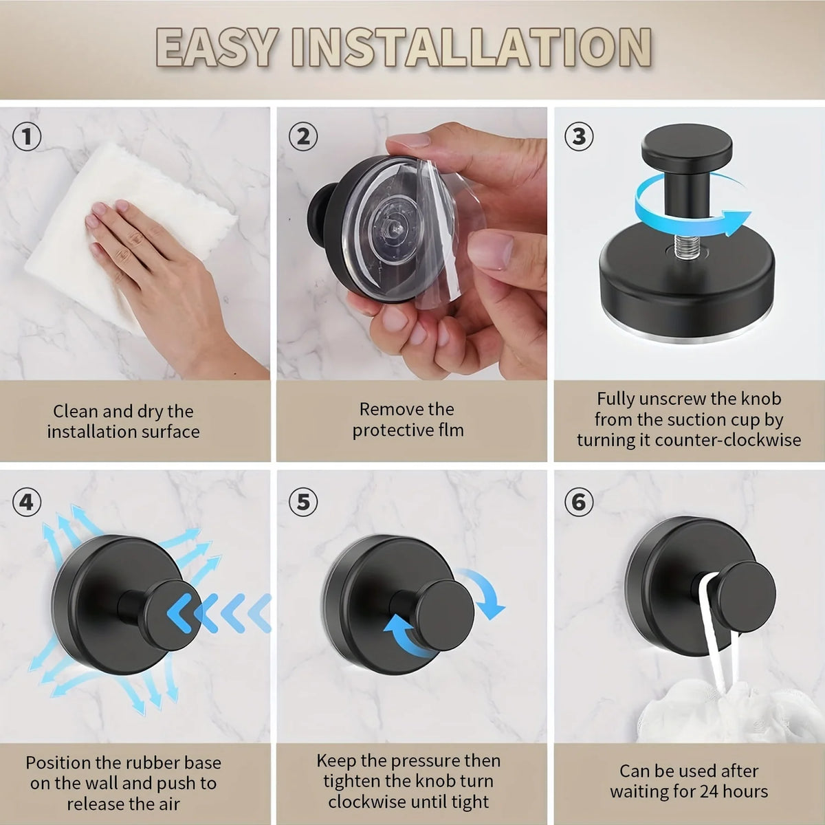 Instructions for easy installation of reusable suction cup hooks on a surface.
