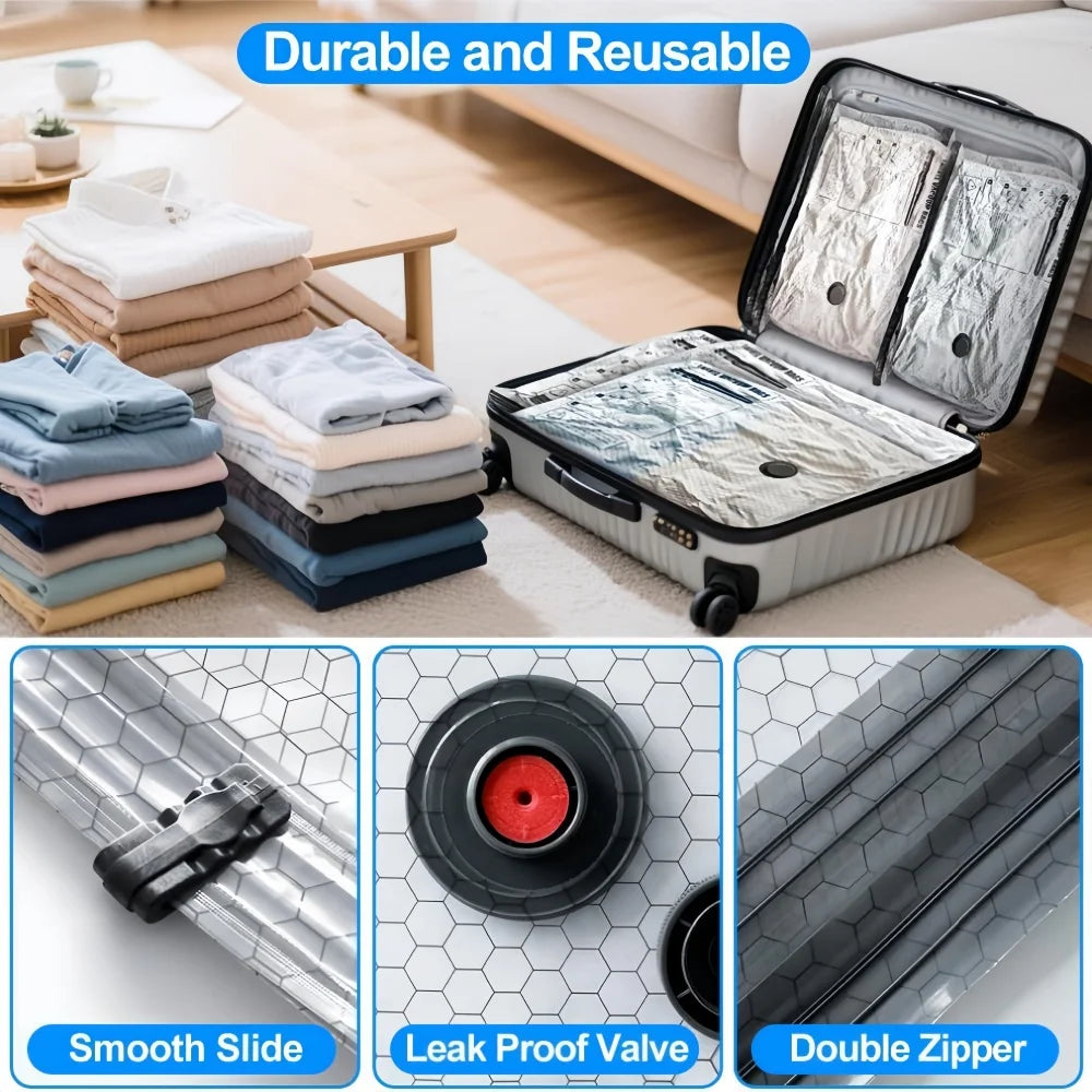 Vacuum storage bags with electric pump showing smooth slide, leak proof valve, and double zipper features.
