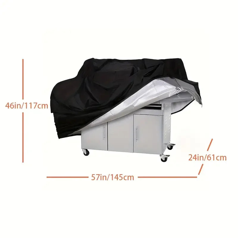 A heavy-duty grill cover in black and silver is shown with dimensions 46in x 57in and 24in x 61cm.