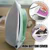 A close-up view of an iron bottom cover shield and a hand demonstrating its use on an iron.