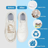 Before and after comparison of a white shoe cleaning process showing hygienic clean, time saving, cloth protection, eco-frien